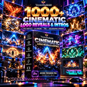 May include: A digital product box for 1000+ Cinematic Logo Reveals & Intros by VeyoraStudiolab, featuring vibrant fire and holographic graphics, Adobe Premiere Pro compatibility, and various animated logo examples displayed on a dark background.
