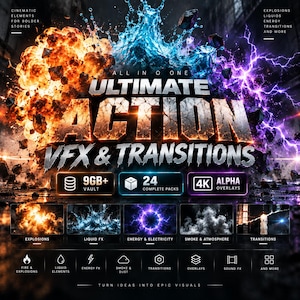 Peut inclure: Un graphique de produit numérique intitulé Ultimate Action VFX & Transitions avec des explosions orange, des éclaboussures de liquide bleu et de l'énergie électrique violette. Il affiche 9GB+ vault, 24 packs complets et des superpositions 4K alpha.