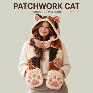 Hooded Scarf Crochet Pattern PDF: Patchwork Cat Ears & Paw Pockets