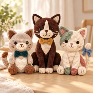 May include: Three crocheted cat dolls sitting in a row. The left cat is light brown with a dark teal bow tie and a white heart on its chest. The centre cat is dark brown with a white face patch and a yellow bow tie. The right cat is cream with green and pink patches and a blue bow on its tail.
