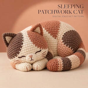 Sleeping Cat Crochet Pattern PDF, Large Calico Patchwork Amigurumi Plush