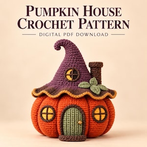 Pode incluir: Uma casa de abóbora em crochê com base laranja, telhado roxo pontiagudo, porta verde e janelas pequenas. O texto PUMPKIN HOUSE CROCHET PATTERN DIGITAL PDF DOWNLOAD é exibido acima do objeto em letras roxas escuras sobre fundo claro.