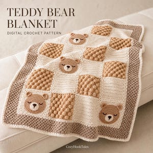 Modèle de couverture bébé au crochet : oursons, carrés à pompons et patchwork neutre, PDF