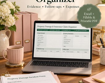 Organizador de reclamaciones de seguros y daños a la propiedad / Hoja de cálculo de Excel para el seguimiento, formularios PDF rellenables y registros de incidentes imprimibles.