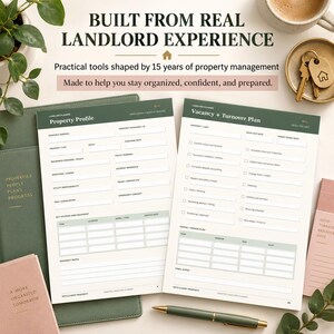 Puede incluir: Un planificador para propietarios con dos p&aacute;ginas abiertas tituladas Property Profile y Vacancy + Turnover Plan. Las p&aacute;ginas incluyen campos para detalles de la propiedad, listas de verificaci&oacute;n y planes de proveedores.