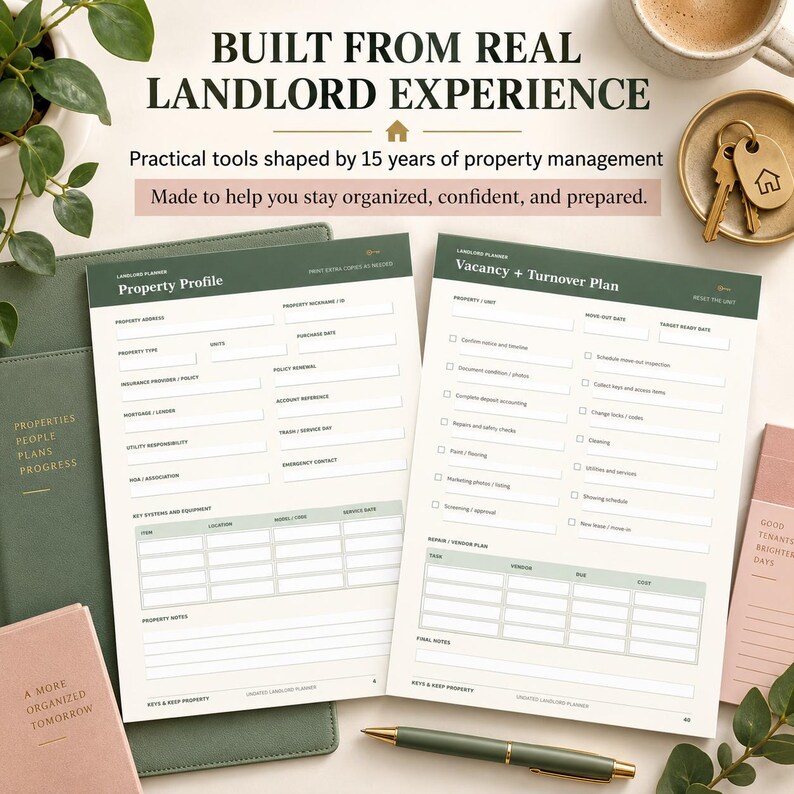 Puede incluir: Un planificador para propietarios con dos p&aacute;ginas abiertas tituladas Property Profile y Vacancy + Turnover Plan. Las p&aacute;ginas incluyen campos para detalles de la propiedad, listas de verificaci&oacute;n y planes de proveedores.