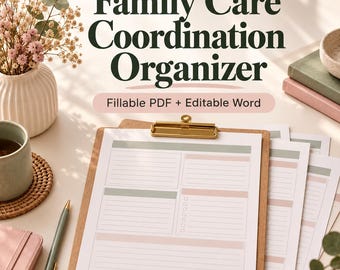 Organizador de coordinación de cuidados familiares / Planificador para cuidadores de 8 páginas, PDF rellenable y Word editable