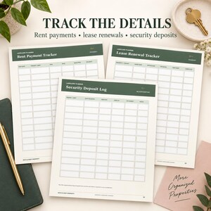 Puede incluir: Tres hojas de papel blancas con encabezados de color verde oscuro tituladas Rent Payment Tracker, Lease Renewal Tracker y Security Deposit Log. El texto TRACK THE DETAILS Rent payments lease renewals security deposits est&aacute; impreso arriba.