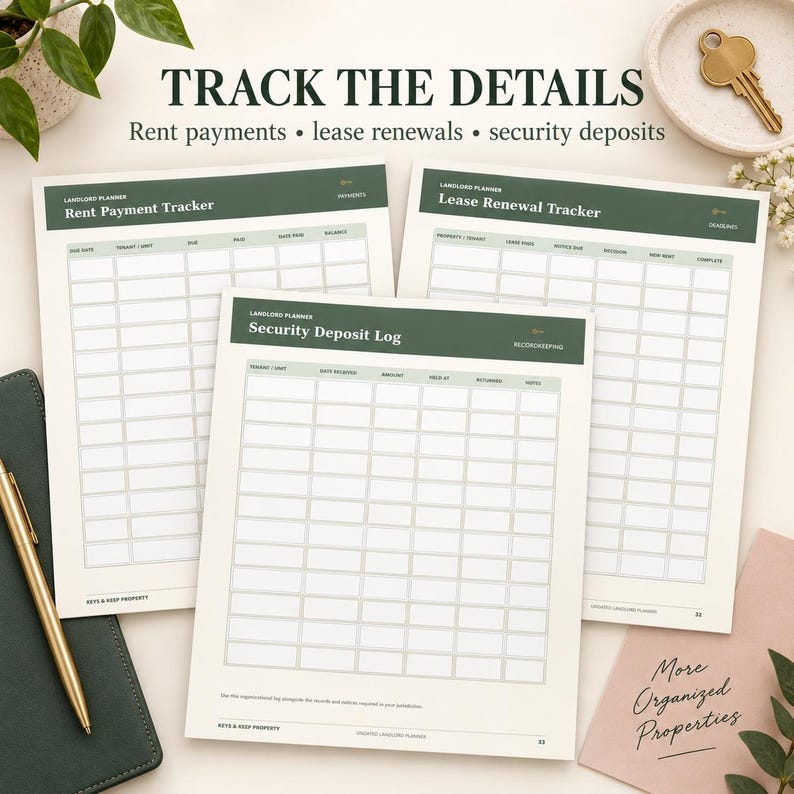 Puede incluir: Tres hojas de papel blancas con encabezados de color verde oscuro tituladas Rent Payment Tracker, Lease Renewal Tracker y Security Deposit Log. El texto TRACK THE DETAILS Rent payments lease renewals security deposits est&aacute; impreso arriba.