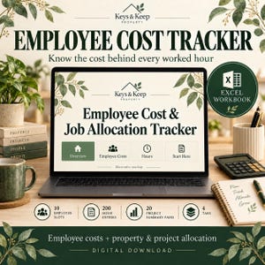 Puede incluir: Un portátil que muestra una hoja de cálculo de seguimiento de costes de empleados y asignación de tareas. La pantalla incluye botones para Overview, Employee Costs, Hours y Start Here. Una insignia circular indica que es un libro de Excel.