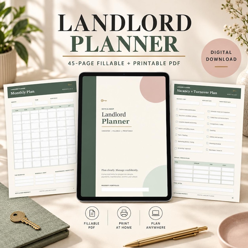 Puede incluir: Un planificador digital para propietarios mostrado en una pantalla de tableta con dos p&aacute;ginas impresas que muestran un plan mensual y un plan de vacantes y rotaci&oacute;n. Las p&aacute;ginas presentan un esquema de color verde y crema con texto que incluye Landlord Planner, 45-Page Fillable + Printable PDF y Digital Download.