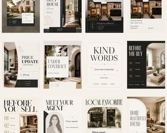 Plantillas elegantes para redes sociales de bienes raíces / Kit de marketing para agentes inmobiliarios (Canva)