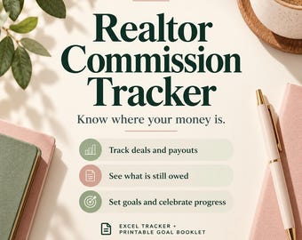 Hoja de cálculo para el seguimiento de comisiones de agentes inmobiliarios + Planificador de objetivos / Seguimiento de cierres y pagos en Excel, folleto imprimible de motivación para agentes
