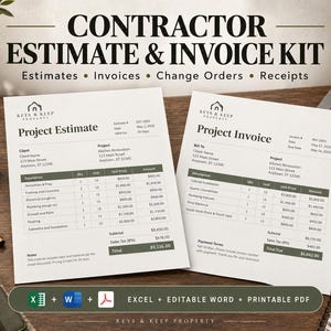 Può includere: Un kit di preventivi e fatture per appaltatori composto da due documenti stampati etichettati Project Estimate e Project Invoice con tabelle per costi dettagliati, quantità e totali, insieme a un metro a nastro e una matita.