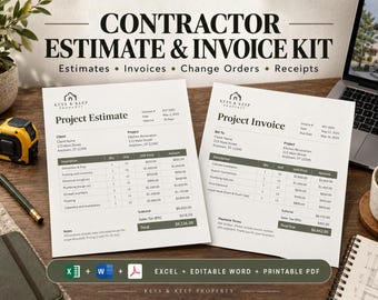 Kit de presupuestos y facturas para contratistas / Libro de Excel, formularios de Word editables, PDF imprimible