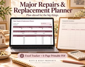 Planificador de reparaciones y reemplazos importantes / Rastreador de mantenimiento de propiedades en Excel + PDF imprimible de 6 páginas