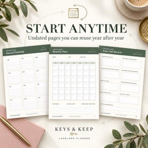 Puede incluir: Un planificador para propietarios con tres p&aacute;ginas sin fecha tituladas Annual Planning, Monthly Plan y Year-End Review. Las p&aacute;ginas tienen encabezados de color verde oscuro y fondos blancos con secciones organizadas para tareas de gesti&oacute;n.