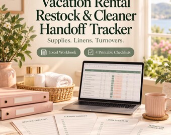Sistema de seguimiento de reabastecimiento y traspaso de limpieza para alquileres vacacionales / Inventario de suministros en Excel, recuento de ropa de cama y listas de verificación imprimibles