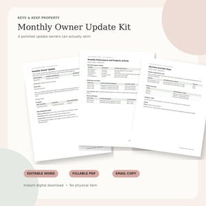 以下が含まれることがあります： 不動産管理用のデジタル月次オーナー更新キット。黒いテキストが記載された3枚の白いドキュメントページで構成されています。各ページには、月次更新、月次パフォーマンスと物件活動、決定事項と次のステップのセクションが含まれています。