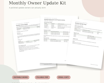 Kit de actualización mensual para propietarios, informe de administración de propiedades editable y PDF rellenable.