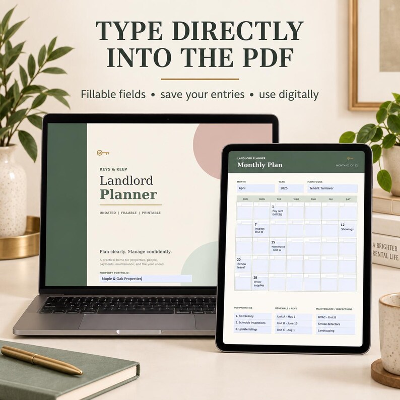 Puede incluir: Un ordenador port&aacute;til y una tableta muestran un planificador digital para propietarios con campos rellenables. La pantalla muestra texto que incluye "Keys & Keep Landlord Planner", "Monthly Plan" y "Maple & Oak Properties". La interfaz presenta un esquema de color verde, beige y rosa con un dise&ntilde;o de calendario y listas de tareas.