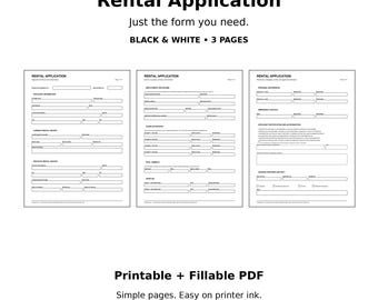 Formulario de solicitud de alquiler / PDF imprimible y rellenable en blanco y negro / Plantilla sencilla de 3 páginas para propietarios