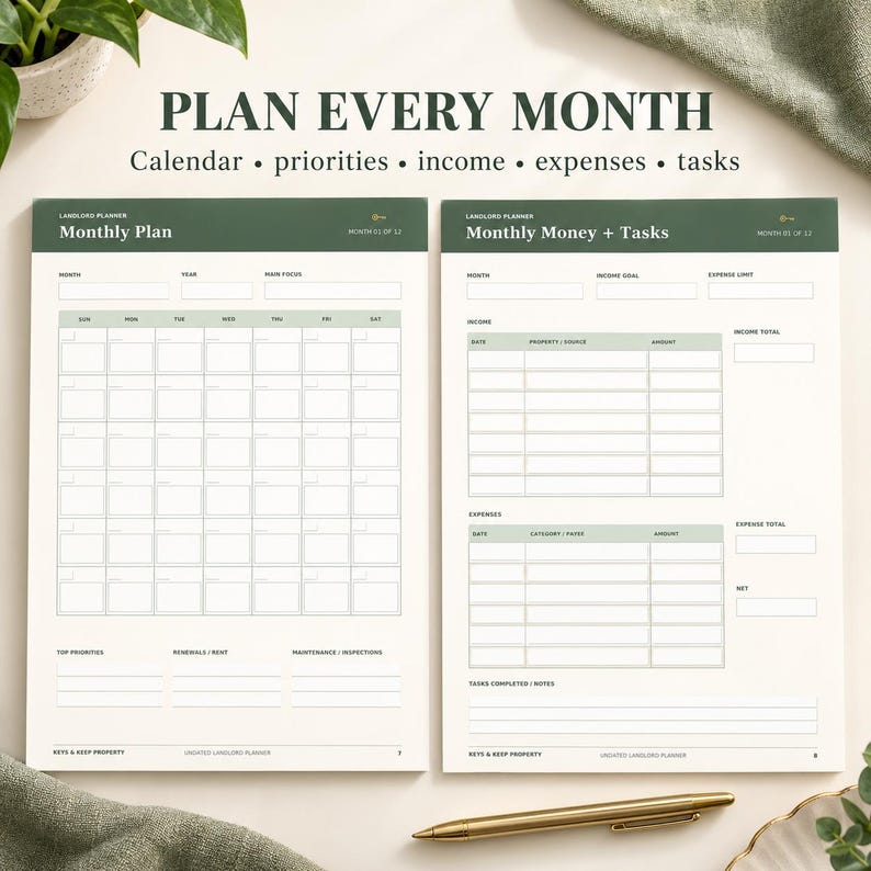 Puede incluir: Dos p&aacute;ginas de planificador de papel color crema con encabezados verde oscuro. La p&aacute;gina izquierda se titula Monthly Plan con una cuadr&iacute;cula de calendario y secciones para prioridades, renovaciones y mantenimiento. La p&aacute;gina derecha se titula Monthly Money + Tasks con tablas para ingresos, gastos y notas.