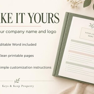 Puede incluir: Una plantilla de documento titulada MAKE IT YOURS con el texto Add your company name and logo, Editable Word included, Clean printable pages y Simple customization instructions. La p&aacute;gina incluye un espacio para logo y l&iacute;neas.