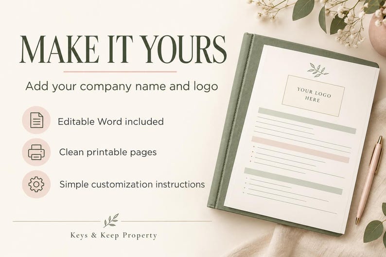 Puede incluir: Una plantilla de documento titulada MAKE IT YOURS con el texto Add your company name and logo, Editable Word included, Clean printable pages y Simple customization instructions. La p&aacute;gina incluye un espacio para logo y l&iacute;neas.