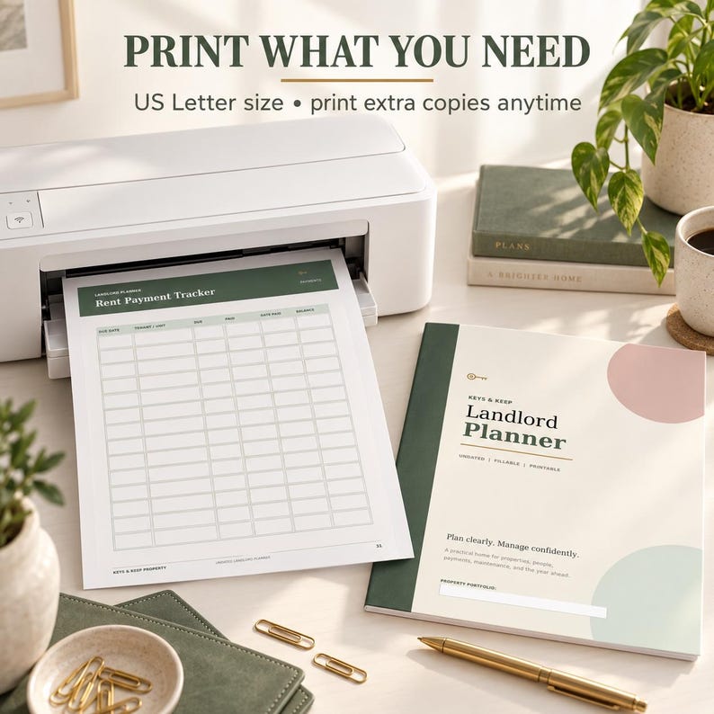 Puede incluir: Una impresora blanca imprimiendo una hoja de seguimiento de pagos de alquiler en tama&ntilde;o US Letter. Al lado hay un libro Landlord Planner con cubierta crema, lomo verde y c&iacute;rculos rosas y verdes. El texto dice PRINT WHAT YOU NEED y Landlord Planner.