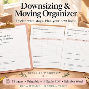 Downsizing & Moving Organizer | 18-Page Printable and Fillable PDF, Editable Word Workbook