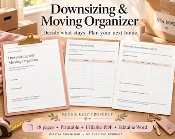 Organizador para reducir el tamaño de la vivienda y para mudanzas / PDF imprimible y rellenable de 18 páginas, libro de trabajo editable en Word
