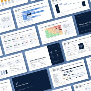 May include: A collection of digital presentation slides titled Group Cyber Risk Report and SlideCraft Cybersecurity, featuring various data visualizations, bar charts, risk heat maps, and project timelines in blue, white, and gray tones.