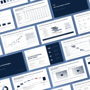 May include: A collection of presentation slides titled Investment Banking Master Slides for Halden Motion Technologies, featuring dark blue and white layouts with various financial charts, tables, data points, and valuation summaries.