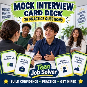 Puede incluir: Un mazo de cartas para simulacros de entrevista con 36 preguntas de práctica para adolescentes. Las tarjetas muestran textos como Tell me about yourself, Why do you want to work here, What are your strengths y How do you handle a challenge.