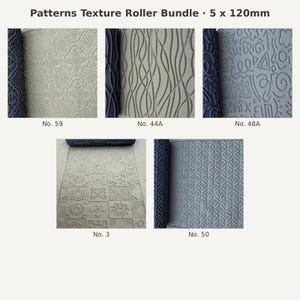 May include: A Patterns Texture Roller Bundle featuring five 120mm dark blue rollers. Each roller creates a distinct embossed design on light grey clay, labelled No. 59, No. 44A, No. 48A, No. 3, and No. 50, showing floral, wavy, geometric, and tile patterns.