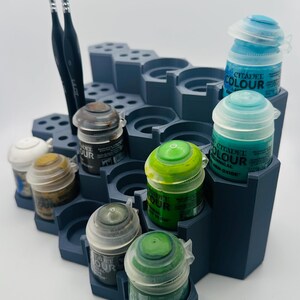 Paint Rack & Brush Holder Compatible with Citadel | 14 Pot 24 Brush Modular Paint Storage | 5x4 Expandable Rack