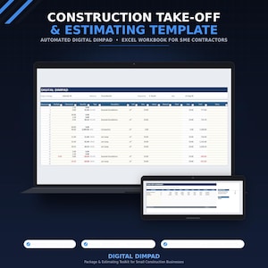 May include: A digital construction take-off and estimating template displayed on a laptop and tablet screen. The interface shows an Excel workbook titled Digital Dimpad with columns for measurements, quantities, descriptions, and cost calculations.
