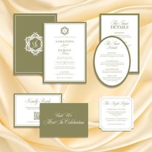 May include: A wedding stationery set featuring olive green and white cards with elegant serif typography. The collection includes an invitation with a monogram, a circular reception details card, a reply card with a QR code, and a rehearsal dinner card.