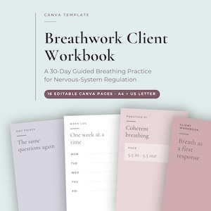 Peut inclure: Un modèle Canva numérique pour un cahier d'exercices de respiration comprenant 16 pages modifiables aux formats A4 et US Letter. Le design présente un titre, un sous-titre et quatre mises en page en lavande, blanc et vieux rose.