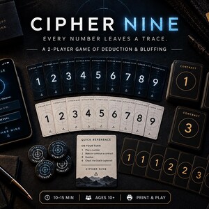 May include: Cipher Nine is a 2-player deduction and bluffing game featuring a smartphone displaying The Oracle app, two sets of number cards 1-9 in black and white, Contract cards, Intercept tokens, a Quick Reference card, and a fountain pen.