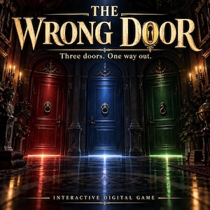 Peut inclure: Une affiche de jeu numérique intitulée THE WRONG DOOR avec le sous-titre Three doors. One way out. L'image montre trois portes ornées en rouge, bleu et vert, chacune avec un heurtoir métallique, dans une pièce sombre éclairée à la bougie.