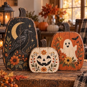 May include: Three decorative wooden pumpkins featuring painted designs. The tallest is black with a yellow crescent moon, stars, and a crow. The medium is orange with a white ghost and bat. The smallest is white with a black jack-o'-lantern face.