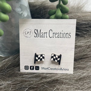 Racing earrings, wood stud earrings, Race earrings, Checkered flag earrings, wood earrings, stocking stuffer, Friend gift, checkered flag