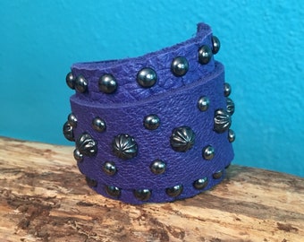 Purple Leather Wrap Cuff with Gunmetal Studs and Spots