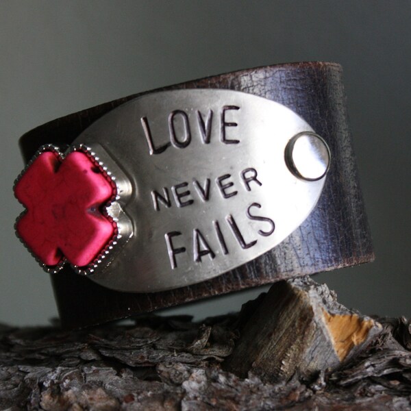 Hand Stamped "Love Never Fails" Vintage Leather Cuff