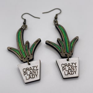 Crazy plant lady earrings, wood earrings, plant lady earrings, wood plant earrings, Friend gift, plant gift, funny gift