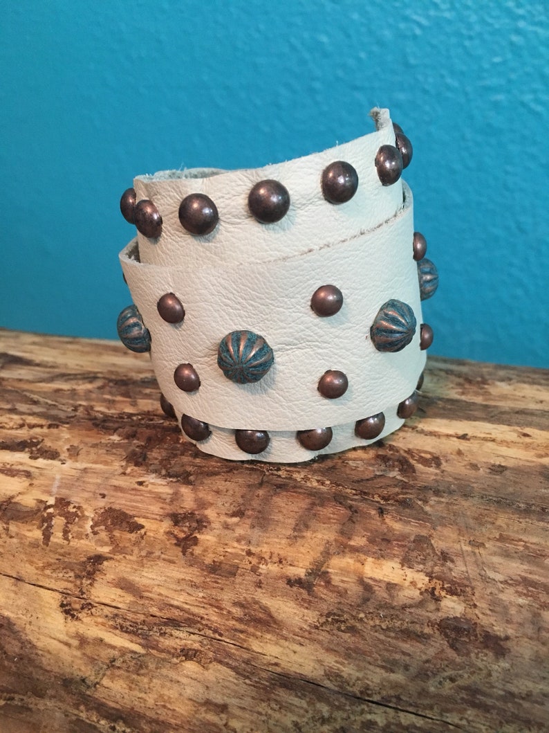 Cream Leather Wrap Cuff with Copper Studs and Turquoise Spots