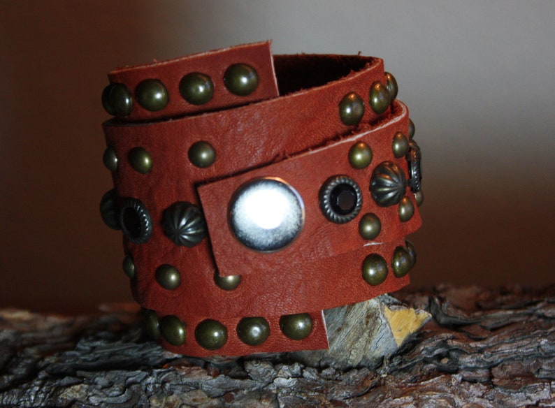 Tangerine Orange Leather Wrap Cuff With Bronze Studs Etsy