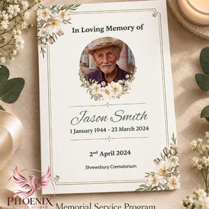May include: A white memorial service programme card featuring a circular portrait of an older person wearing a hat, surrounded by watercolour floral illustrations. The text reads In Loving Memory of, Jason Smith, 1 January 1944 - 23 March 2024, 2nd April 2024, and Shrewsburry Crematorium.